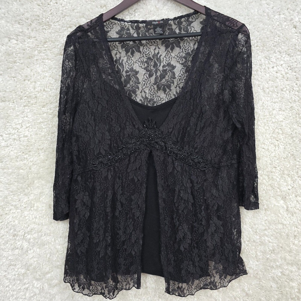 Style & Co Lace Cardigan Camisole Women Large Black Beaded Whimsigoth Goth